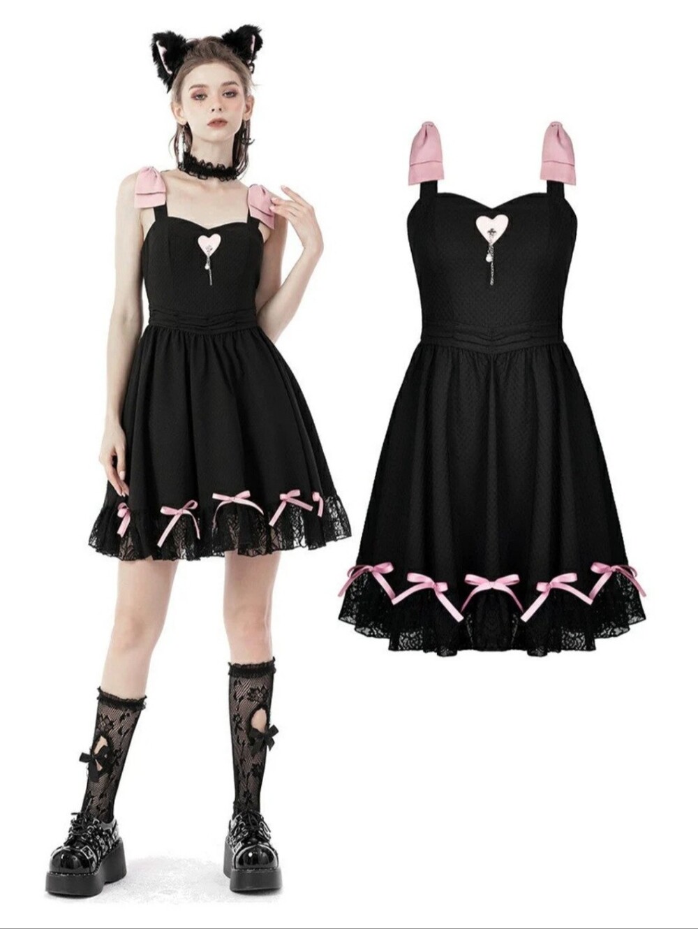 Dark In Love Women's Black Pink Rock Doll Heart Bow Dress Style DW676 Size Small